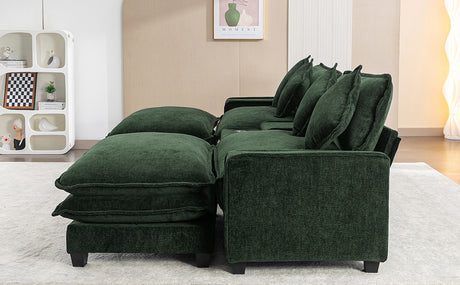 Chenille Upholstered 111' Sectional Sofa with Two Removable Ottomans, USB Ports, Cup Holders, and Storage, Green - sold by Home Elegance USA
