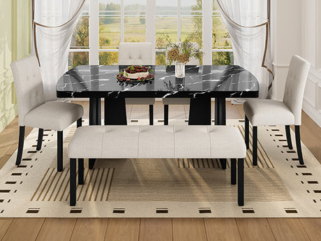 6 Piece Modern Dining Table Set, 63' Faux Marble Dining Table with Geometric Legs & 4 Upholstered Chairs & 1 Bench, Suitable for Dining Kitchen Room,Easy to Assemble, Beige+Black - sold by Home Elegance USA