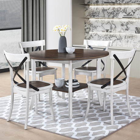 WOODHOMER 5-Piece Round Dining Set, 1 Table with 4 X-Back Chairs, Two-Tone Antique White & Walnut Finish, Space-Saving Kitchen & Dining Furniture - sold by Home Elegance USA