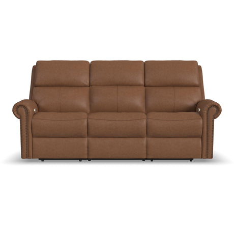 Bernard Power Reclining Sofa With Console, Power Headrests & Lumbar, Nailhead Trim | Flexsteel