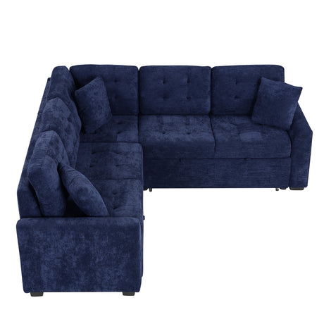 Navy Blue L-shape Sofa Bed with Pull-out Sleeper, USB Ports, Power Sockets, Corded Velveteen, 82.6' - sold by Home Elegance USA
