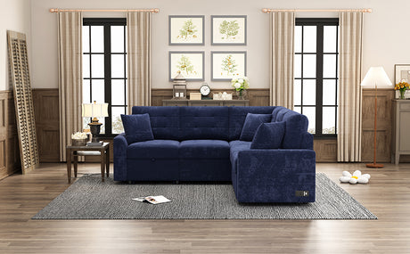 Navy Blue L-shape Sofa Bed with Pull-out Sleeper, USB Ports, Power Sockets, Corded Velveteen, 82.6' - sold by Home Elegance USA