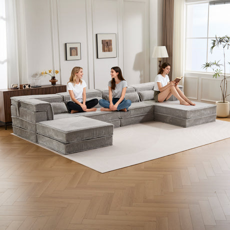 Compression Mahjong Sofa,Convertible Floor Sofa Bed,DIY Boneless Modular Sectional Sofa,No Assembly Required,Circle fleece fabric,Oversized 4 Seater with 2 Ottoman,Light-grey - sold by Home Elegance USA