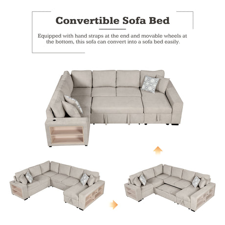 Beige Chenille U-Shaped Sectional Sofa with Pull-out Bed, USB Ports, Storage Chaise & Back Pillows - sold by Home Elegance USA