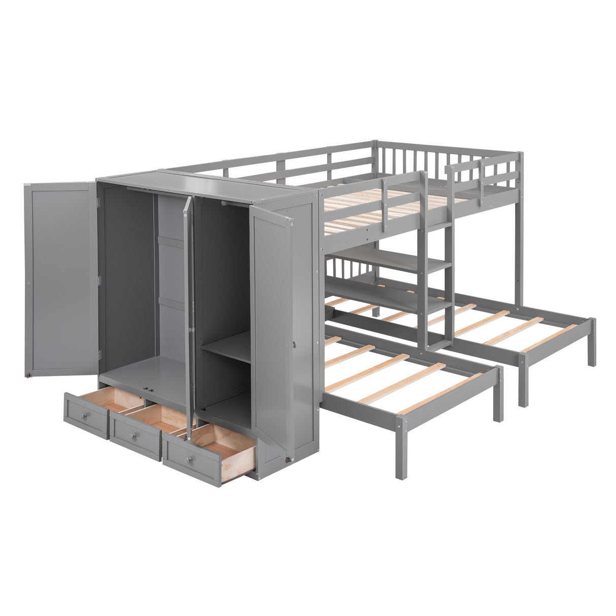 Full-Over-Twin-Twin Bunk Bed with Shelves, Wardrobe and Mirror, Gray - Home Elegance USA
