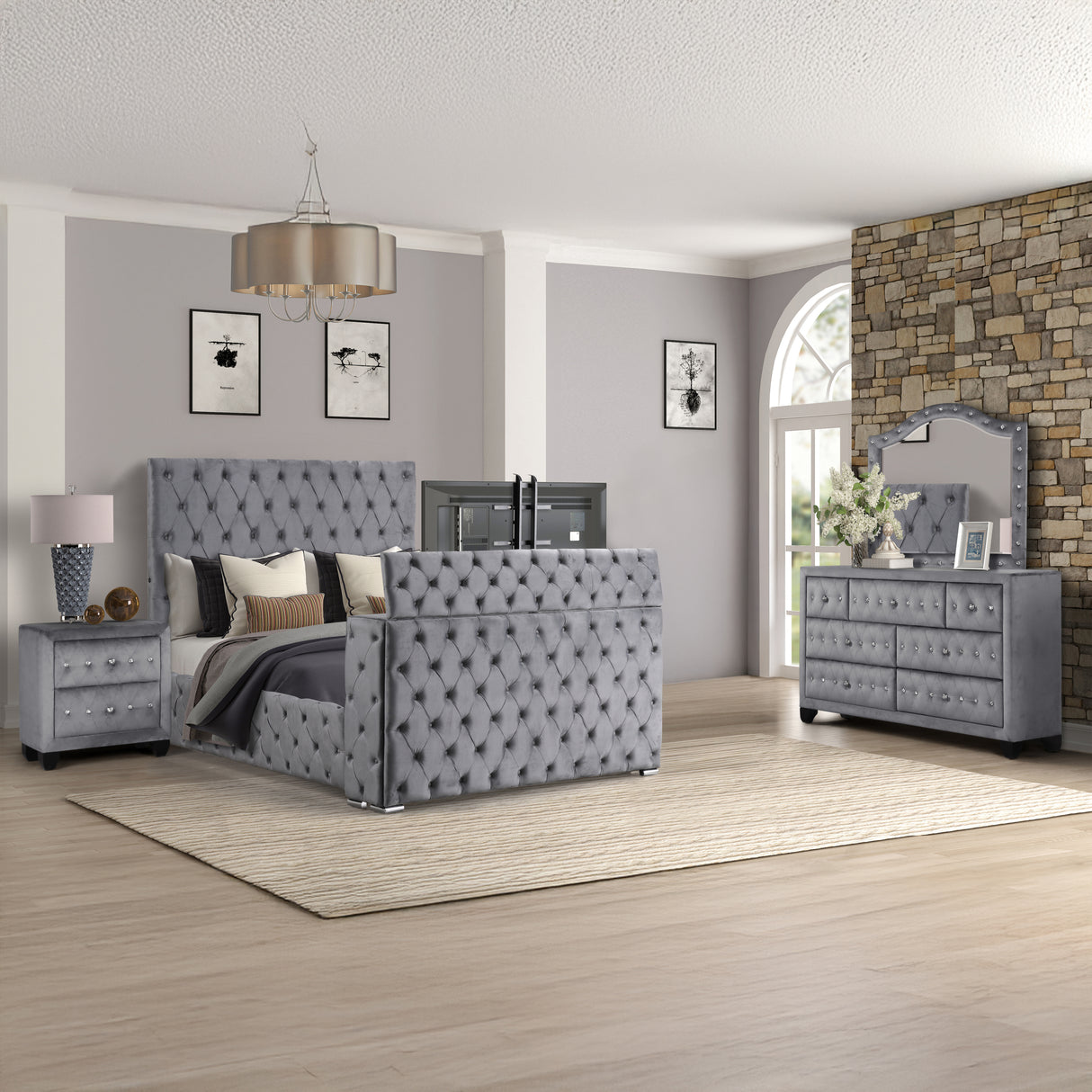 Encore Modern Style Tufted and Upholstered King 4PC Bedroom set made with wood in Gray(CA INVENTORY)