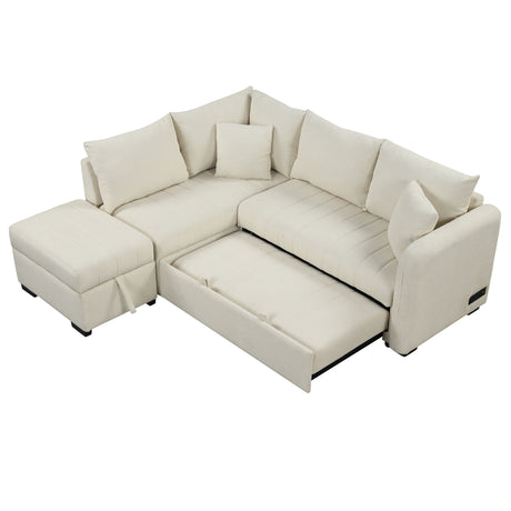 Modern L-shaped Sectional Pull Out Sofa Bed with USB Ports and Storage Ottoman, Beige, Jacquard Fabric, 82.6' - sold by Home Elegance USA