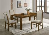 5pc Rectangular Dining Table Handcrafted Feel Solid Wood Tailored Chairs Tufted Upholstered Soft Neutral Fabric Wooden Dining Room Furniture