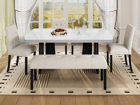 6 Piece Modern Dining Table Set, 63' Faux Marble Dining Table with Geometric Legs & 4 Upholstered Chairs & 1 Bench, Suitable for Dining Kitchen Room,Easy to Assemble, Beige + White - sold by Home Elegance USA
