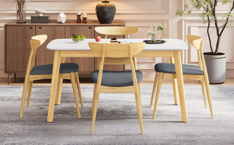 5-Piece Dining Set, 1 Table + 4 Chairs, Rubberwood Frame, Ergonomic Chairs & Faux Wood Table, Natural+Grey+White Oak - sold by Home Elegance USA