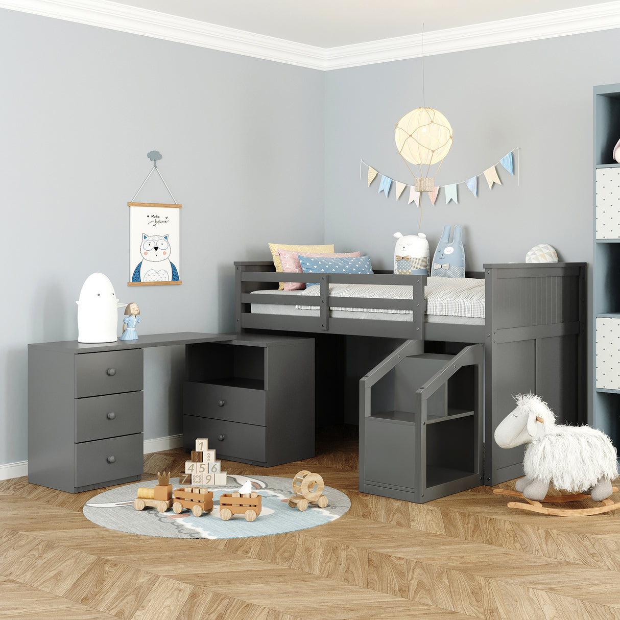 Loft Bed Low Study Twin Size Loft Bed With Storage Steps and Portable,Desk,Gray(OLD SKU: LT000101AAE) - Home Elegance USA