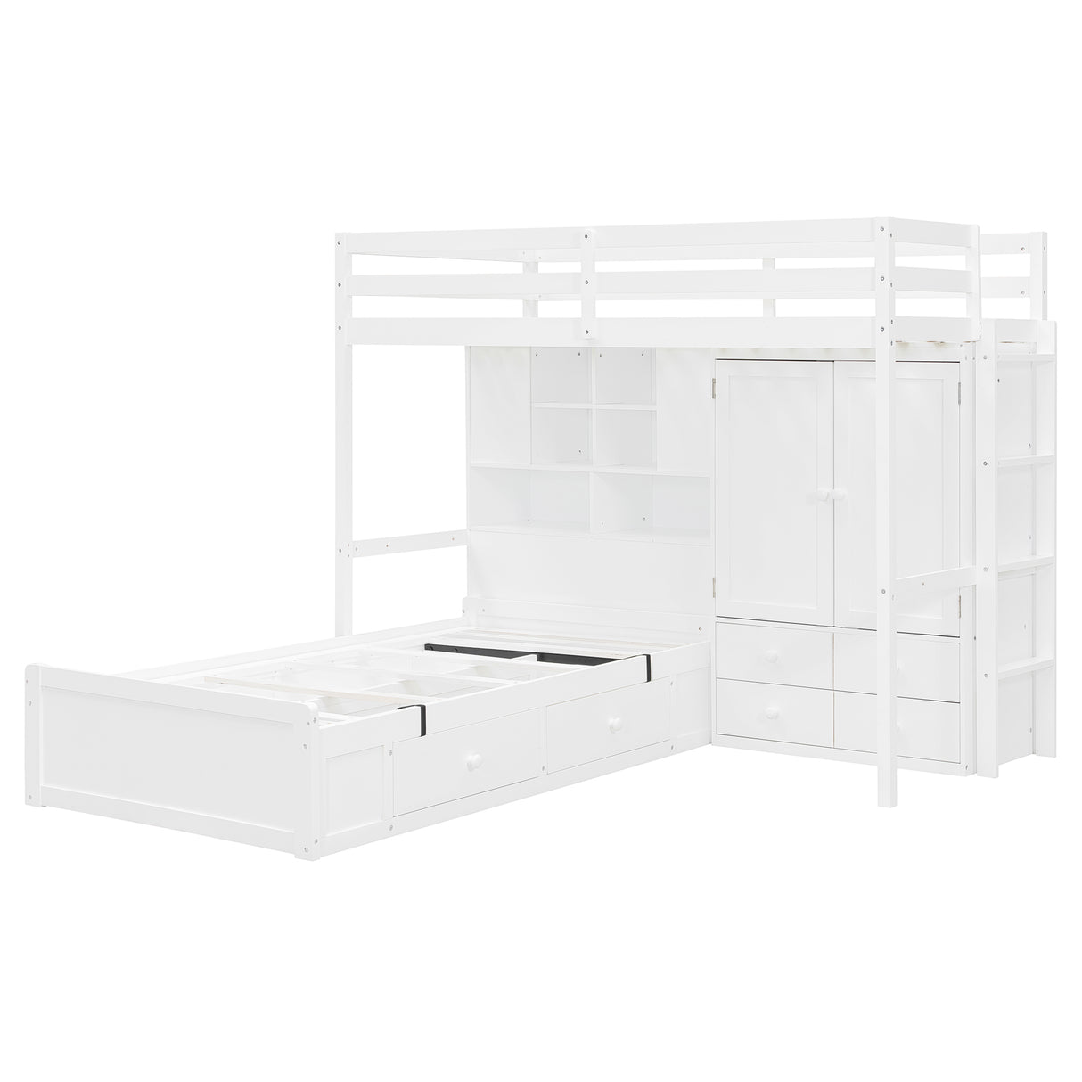 Twin Bunk Bed with Drawers, Wardrobe, Storage Shelves and Hydraulic Bed,White - sold by Home Elegance USA