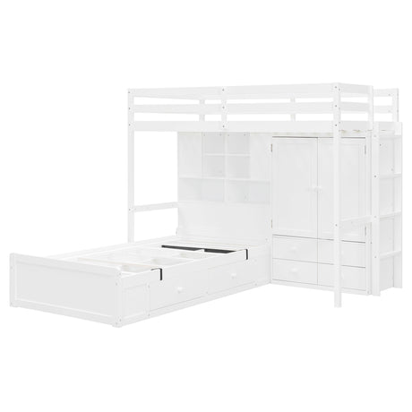 Twin Bunk Bed with Drawers, Wardrobe, Storage Shelves and Hydraulic Bed,White - sold by Home Elegance USA