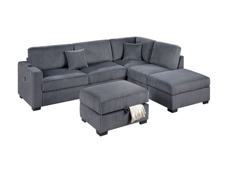 Dark Gray Wide Welt Corduroy Sectional Sofa Reversible Chaise Sofa w USB Storage Ottoman Upholstered Couch Pillows 3pc Set - sold by Home Elegance USA