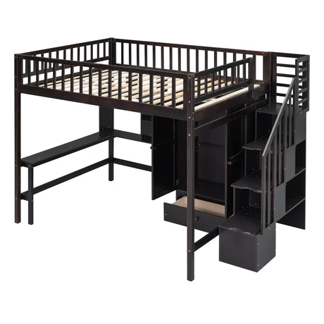 Full size Loft Bed with Bookshelf,Drawers,Desk,and Wardrobe-Espresso - Home Elegance USA