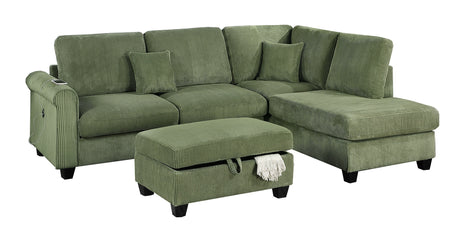 Gorgeous Sage Color 3pc Sectional Set Corduroy Upholstered LAF Sofa RAF Chaise Ottoman L-Sectional Living Room Furniture - sold by Home Elegance USA