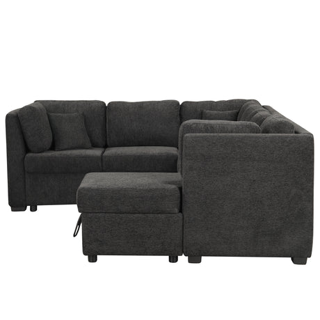 U-shaped Sectional Sofa Pull Out Bed with USB Ports, Power Sockets, Back Pillows & Storage Chaise, Black Chenille, 108.6' - sold by Home Elegance USA
