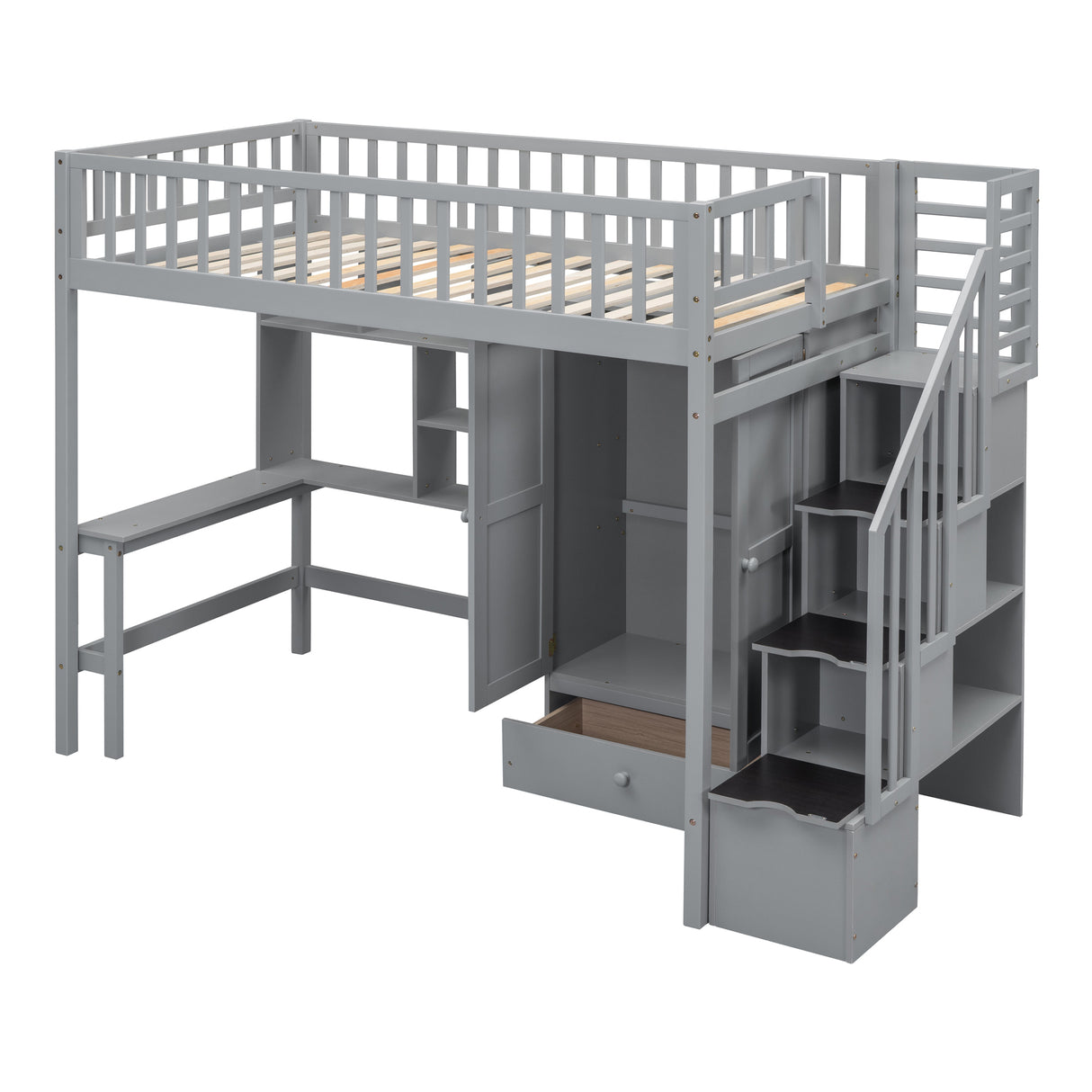 Twin size Loft Bed with Bookshelf,Drawers,Desk,and Wardrobe-Gray - Home Elegance USA