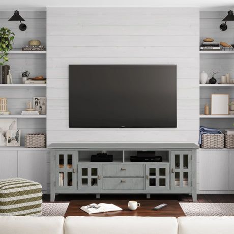 Artisan 72 inch Wide Solid Wood TV Stand in Fog Grey For TVs up to 80 inches - sold by Home Elegance USA