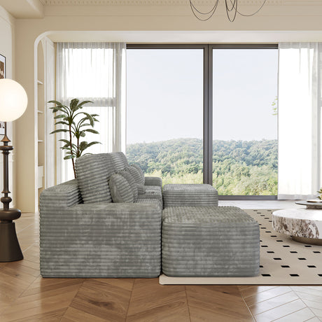 150''Width 5-piece Sectional Sofa with 2 Ottomans,Comfy U-shaped Sofa Couch for Living Room,Light Grey Plush Corduroy Fabric - sold by Home Elegance USA
