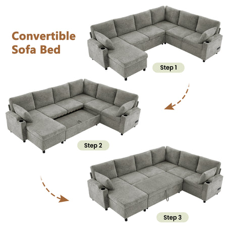 Versatile Light Grey Chenille Sectional Sofa Bed with Storage, Cup Holders & Charging Ports, 109.9' - sold by Home Elegance USA