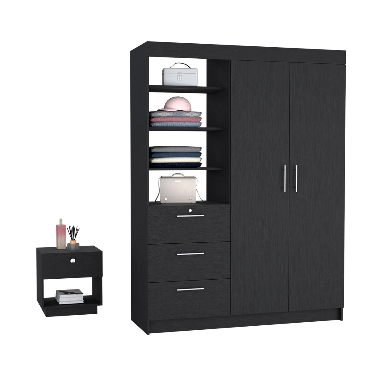 Peyton 2 Piece Bedroom Set, Armoire + Nightstand, Black - sold by Home Elegance USA
