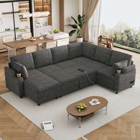 Versatile U-Shaped Sectional Sofa Bed with Storage, Cup Holders, Charging Ports in Grey Chenille - sold by Home Elegance USA