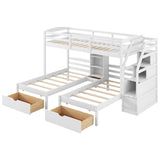 Twin over Twin&Twin Bunk Bed, Triple Bunk Bed with Drawers, Staircase with Storage, Built-in Shelves, White - sold by Home Elegance USA