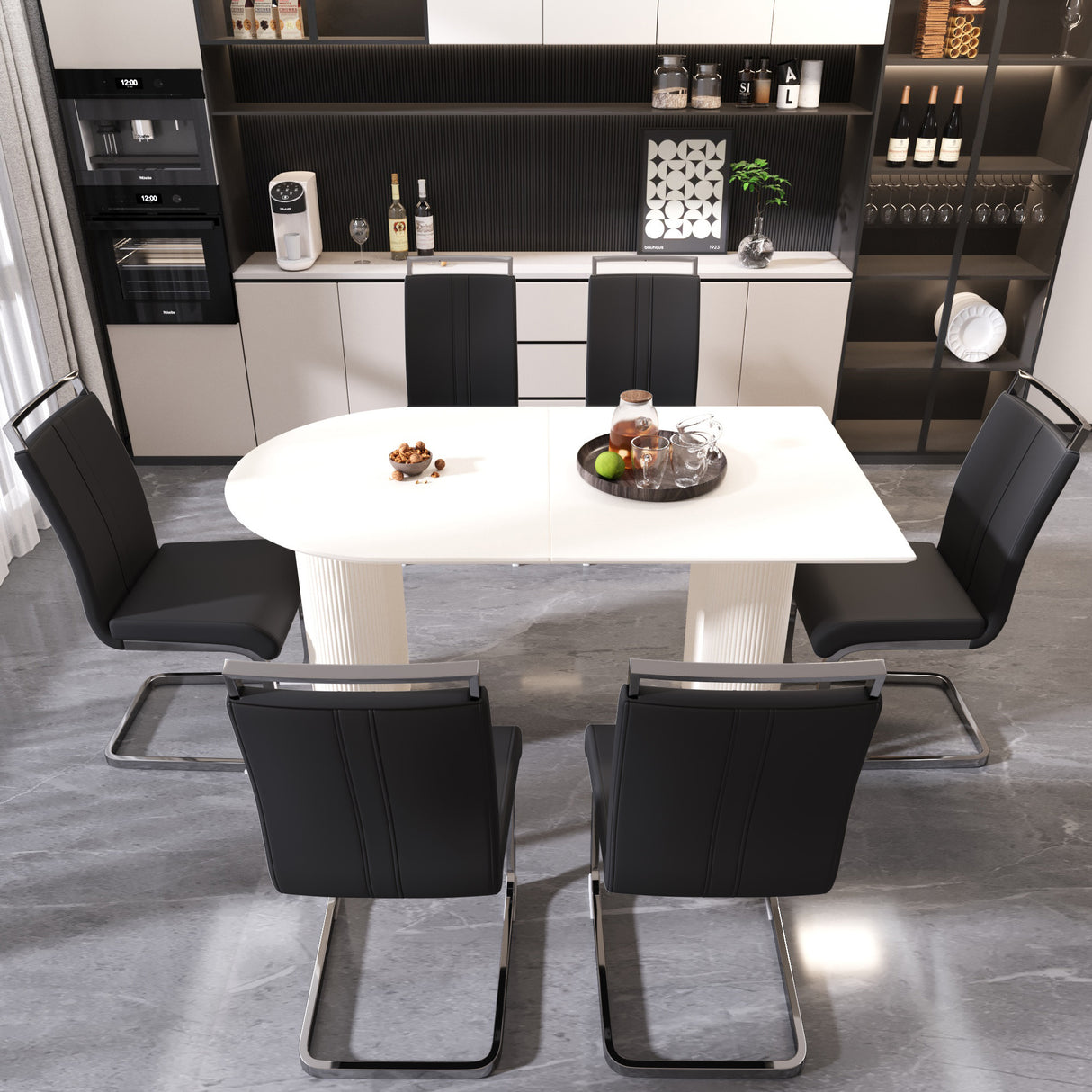 63 'medieval modern cream style MDF dining table and PU armless dining chair set 6. Assemble Desktop and Silver plated metal leg dining chair set, suitable for home&kitchen