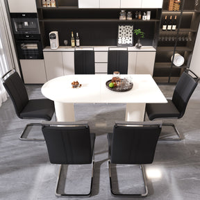 63 'medieval modern cream style MDF dining table and PU armless dining chair set 6. Assemble Desktop and Silver plated metal leg dining chair set, suitable for home&kitchen