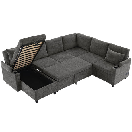 Versatile U-Shaped Sectional Sofa Bed with Storage, Cup Holders, Charging Ports in Grey Chenille - sold by Home Elegance USA