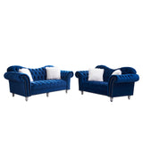 3 Piece Living Room Sofa Set, including 3 - Seater Sofa, Loveseat and Sofa Chair, with Button and Copper Nail on Arms and Back, Five White Villose Pillow, Blue. | Home Elegance USA