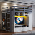 Full size Loft Bed with Drawers, Shelves and Light - White