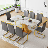 Juego de mesa y sillas. 71'x35.4'x30' Lujosa mesa de comedor de vidrio con diseño Pandora y patas de MDF en forma de C doradas adosadas. Combina con 8 sillas de PU gris oscuro con patas de metal de tubo en C dorado.