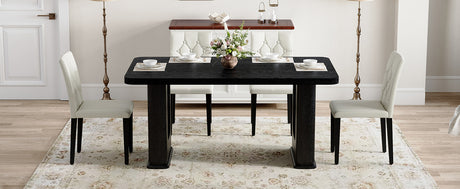 Table and chair set.64.5 x 35.4 Inch Stylish Black Wood Color Textured Dining Table.4-pack white PU dining chairs: ergonomic buckle backrest.Exudes A Strong Sense Of Fashion. - sold by Home Elegance USA