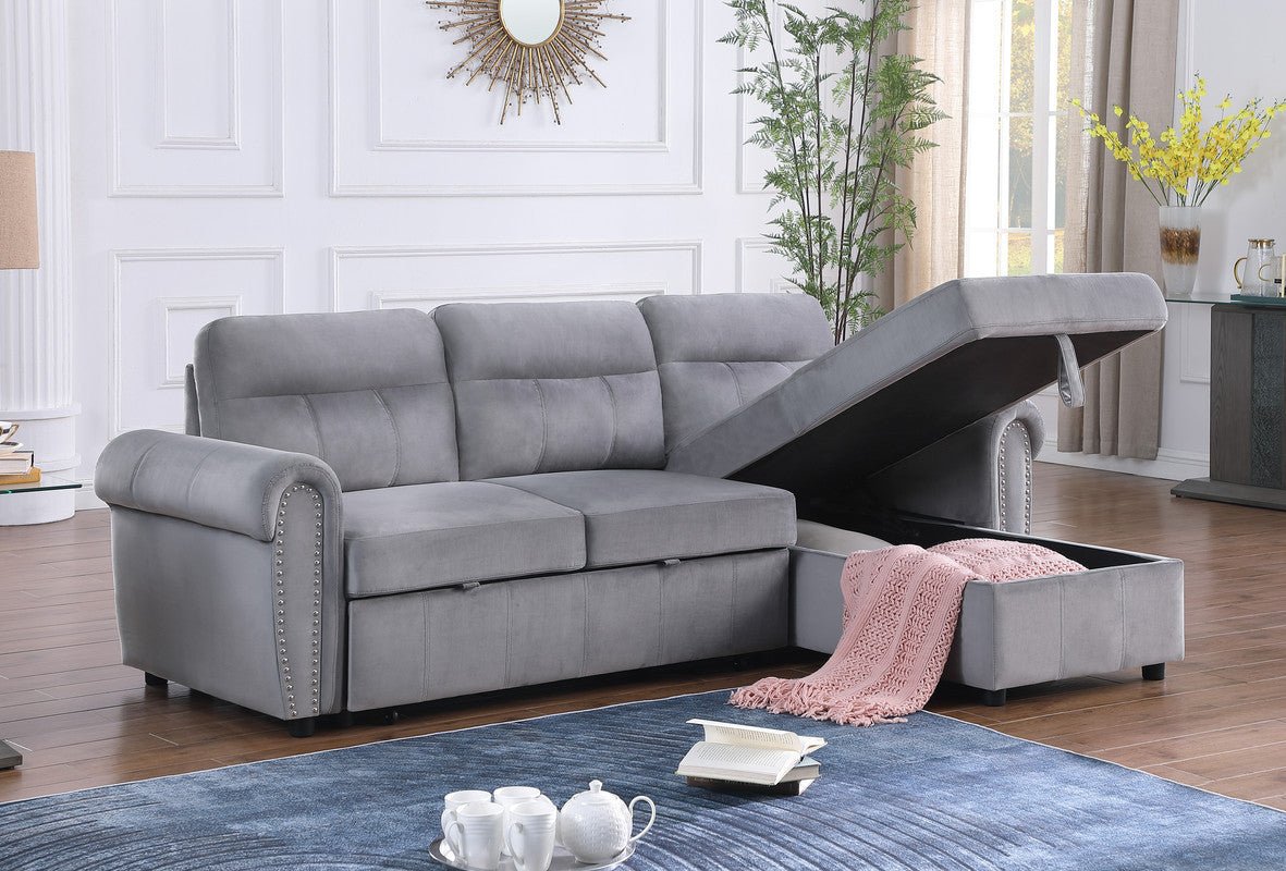 Ashton Gray Velvet Fabric Reversible Sleeper Sectional Sofa Chaise | Home Elegance USA