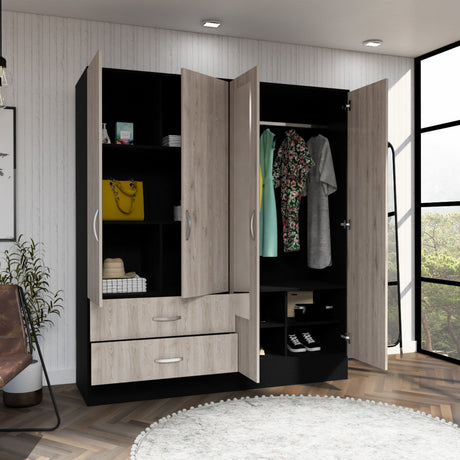 Bolton 160 Armoire, Six Shelves, Two Double Door Cabinets, Two Mirrors, Two Drawers, Rod Black / Light Gray - sold by Home Elegance USA