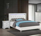 Modern Style Queen Size Bed LED Lights Charging Port Button Tufted Metal Legs White Finish Bedroom Furniture