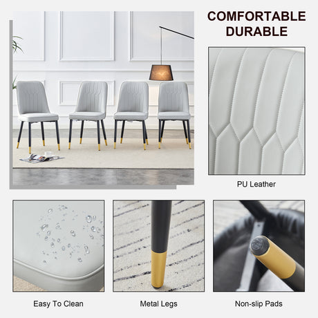 Table and chair set.The table has a glass top with imitation marble pattern stickers and stainless steel golden legs.Paried with 8 Light Gray chairs with PU cushions and black legs.W1151S01546 - sold by Home Elegance USA