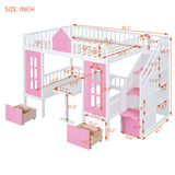 Full-Over-Full Bunk Bed with Changeable Table, Bunk Bed Turn into Upper Bed and Down Desk -Pink - Home Elegance USA