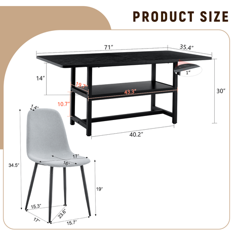 Table and chair set.71*35.4 inch Black Grain Spliced Dining Table With Storage Function In The Middle Of The Table Legs.Paired with 8 Light Gray Linen-Cotton Material High Resilience Dining Chairs. - sold by Home Elegance USA