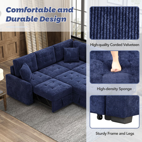 Navy Blue L-shape Sofa Bed with Pull-out Sleeper, USB Ports, Power Sockets, Corded Velveteen, 82.6' - sold by Home Elegance USA