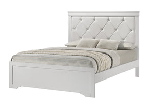 Modern 1pc White Finish Full Size Panel Bed Upholstered Headboard Crystal-Like Button Tufted Texture Wood Bedroom Furniture