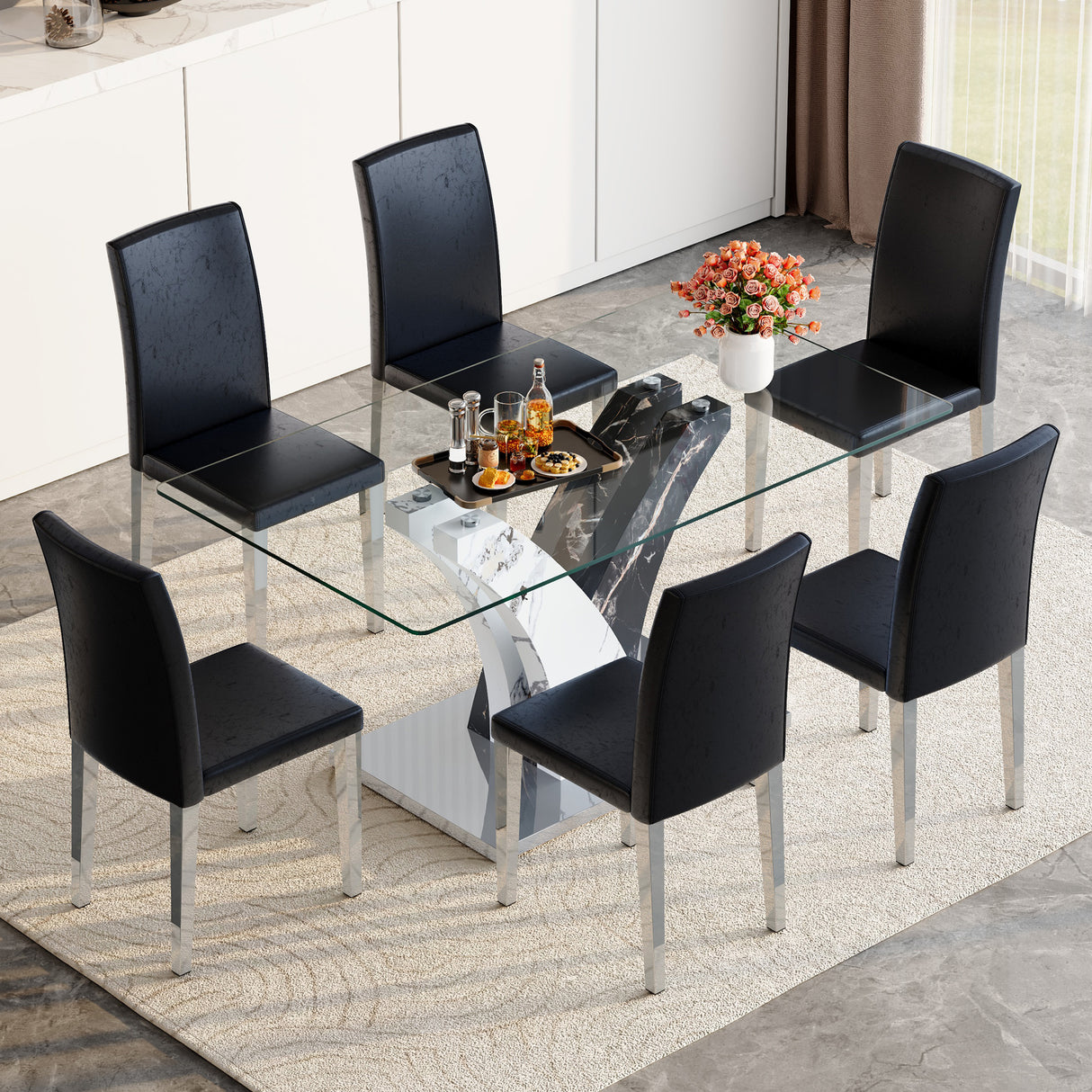 Table and chair set.Modern dining table, tempered glass countertop, and artistic MDF legs.Paried With 6 Black PU dining chairs, Silver Metal Legs.Simple and versatile.High Elasticity Sponge Filling.