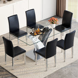 Table and chair set.Modern dining table, tempered glass countertop, and artistic MDF legs.Paried With 6 Black PU dining chairs, Silver Metal Legs.Simple and versatile.High Elasticity Sponge Filling.