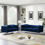 2 Piece Modern Velvet Living Room Set with Sofa and Loveseat,Jeweled Button Tufted Copper Nails Square Arms,4 Pillows Included,Blue | Home Elegance USA