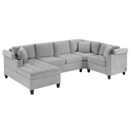 Modern U-shaped Sectional Sofa 115.7' Corner Living Room Couch with Built-in Cup Holders, Storage, USB Ports in Light Grey Chenille Fabric - sold by Home Elegance USA