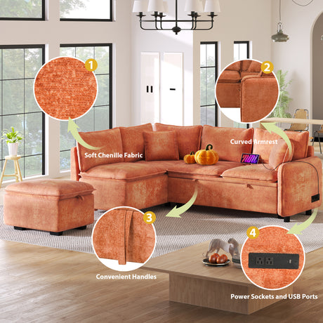 Convertible L-shaped Sofa Bed with Storage Ottoman, Power Sockets & USB Ports, Orange Chenille, 82.67' - sold by Home Elegance USA
