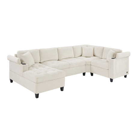 Modern U-shaped Sectional Sofa 115.7' with Built-in Cup Holders, Storage, USB Ports in Beige Chenille Fabric - sold by Home Elegance USA