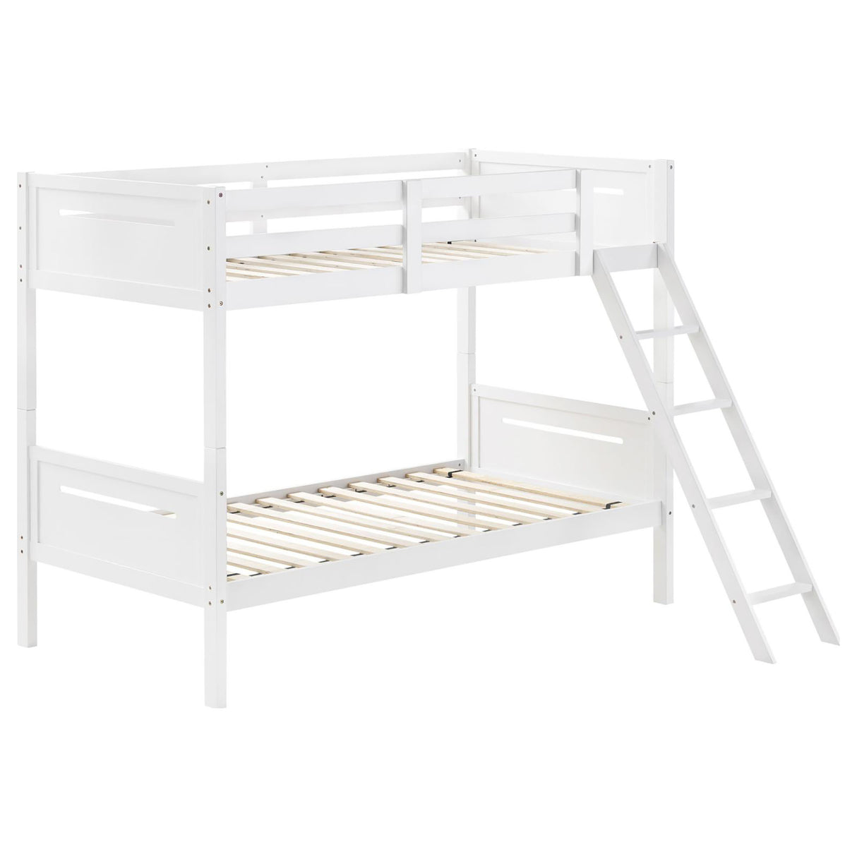 White Twin/Twin Bunk Bed with Built-in Ladder - Modern Wood Frame, Safety Guardrails, Easy Access Ladder, White Finish